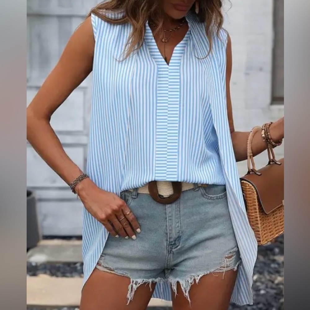 Sleeveless Blue & White Striped V-Neck high Low Top Blouse BRAND NEW
